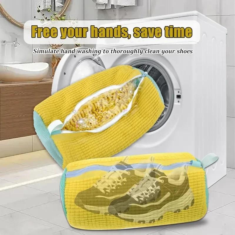 Durable Mesh Shoe Wash Bag with Zipper Rich Fluff Inside Protects Sneakers Casual Shoes in Washer Dryer Travel Storage Organizer