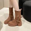 Winter Women Plush Warm Snow Boots Fashion Khaki Suede Leather Elegant Platform Short Boots 6cm Square Heel Casual Ladies Shoes