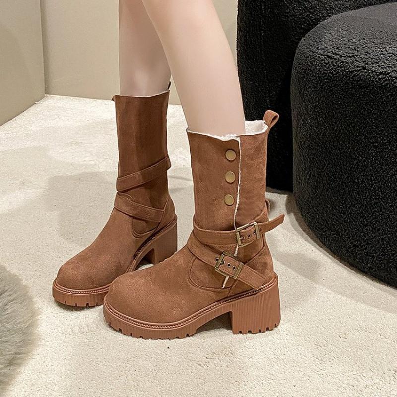 Winter Women Plush Warm Snow Boots Fashion Khaki Suede Leather Elegant Platform Short Boots 6cm Square Heel Casual Ladies Shoes
