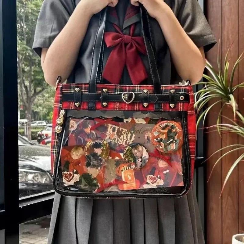 Women Fashion Checkered Pattern Retro Ita Bag Cute Girl Transparent Large Capacity Tote Bag New Shoulder Bag DIY Display Handbag