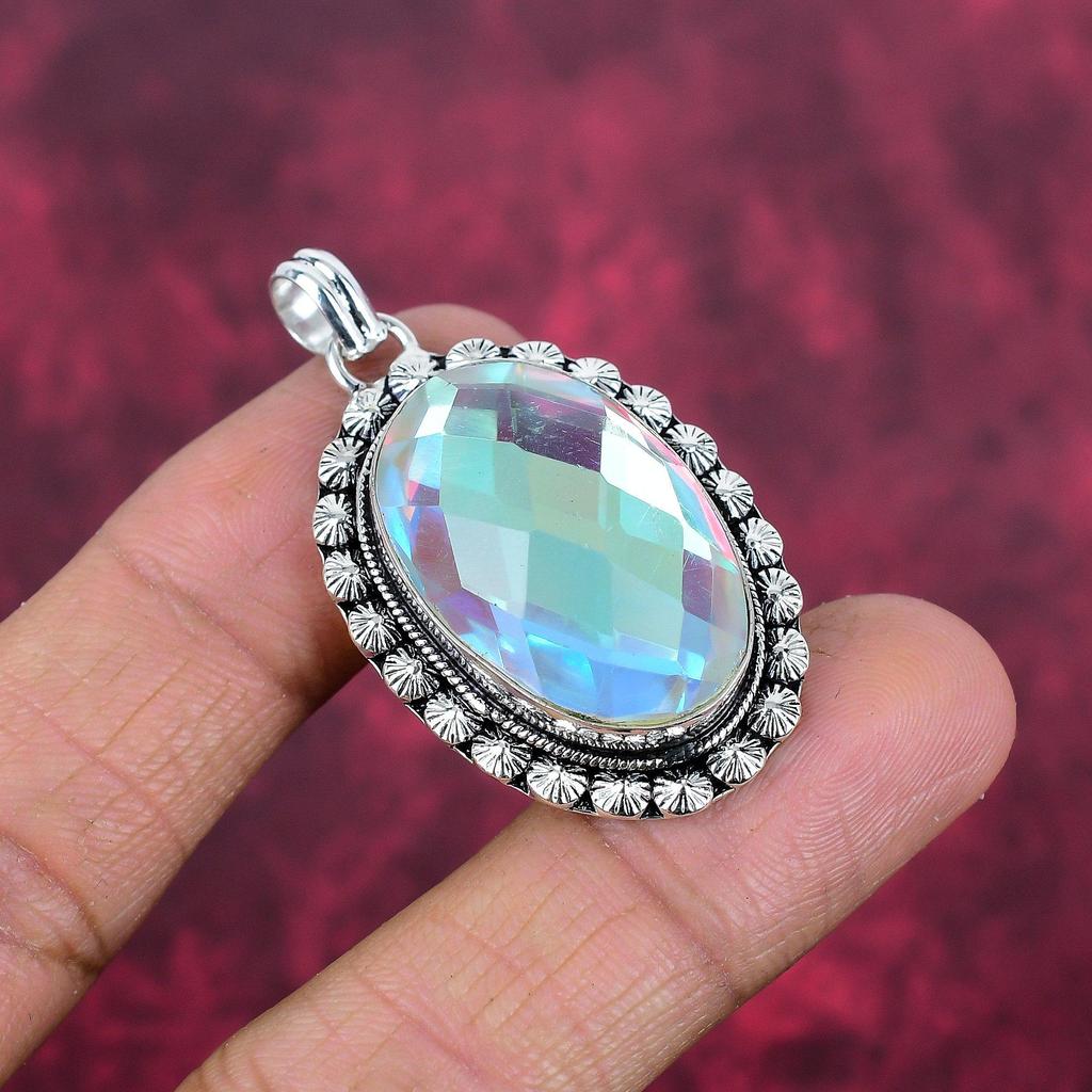Faceted Mystic Topaz Gemstone Pendant, Handmade Jewelry, 925 Solid Sterling Silver Pendant Jewelry Gift For Love