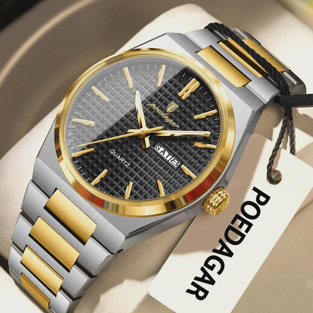 POEDAGAR Роскошные мужские часы Дата Неделя Водонепроницаемые Светящиеся Часы из Нержавеющей Стали Для Мужчин Повседневные Кварцевые Мужские Часы