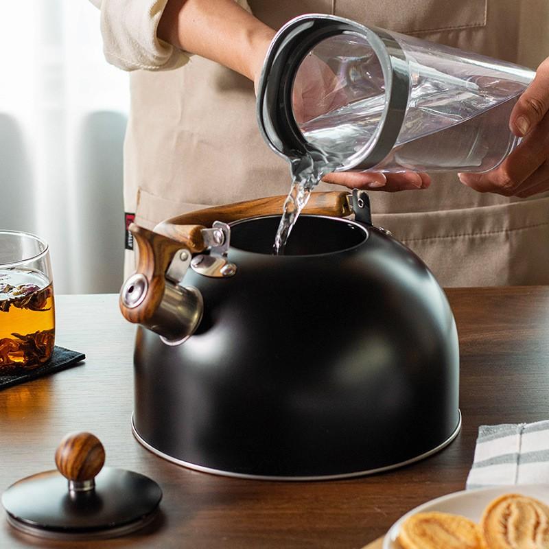 3L Stainless Steel Whistling Kettle With Wooden Handle Black Modern Stovetop Water Boiler Home Kitchen Bar