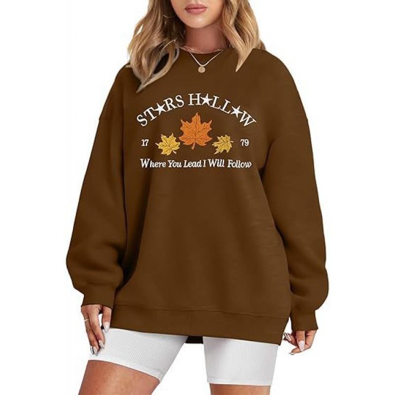 Womens Round Neck Sweatshirt Leaf Print Casual Long Sleeve Pullover Fall Winter