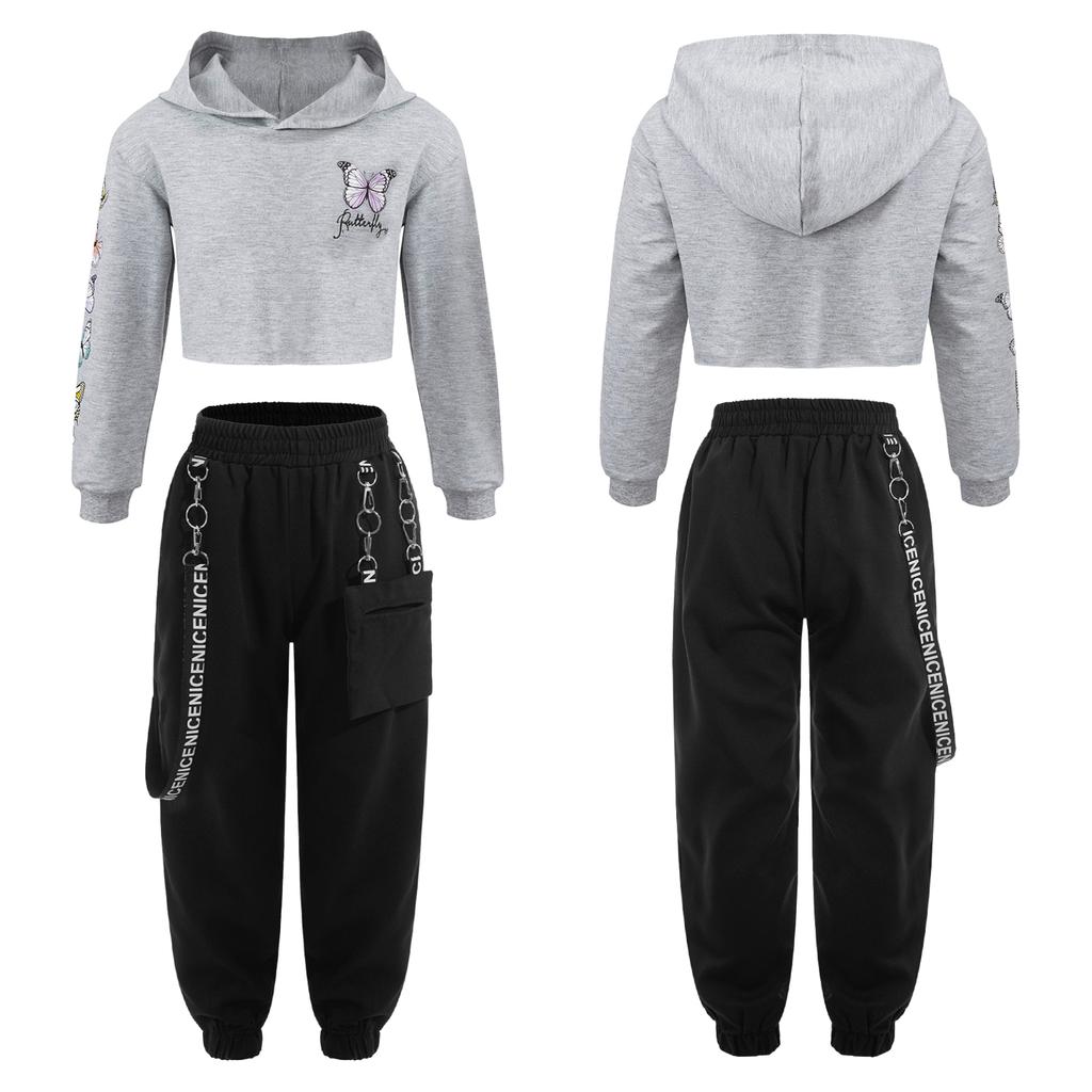 Детский укороченный свитшот с капюшоном и длинными рукавами для девочек с принтом бабочки и штаны, спортивный костюм для танцевального выступления в стиле хип-хоп