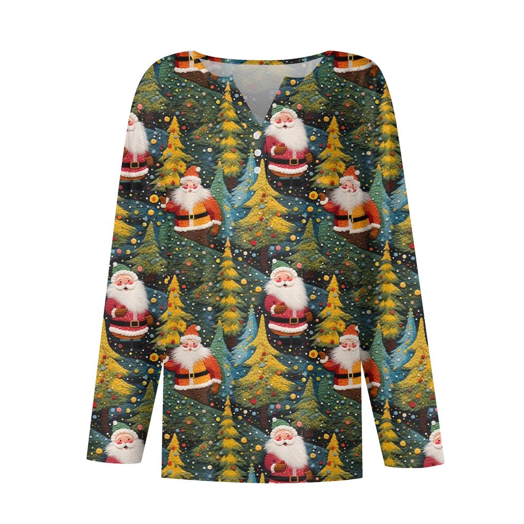 Женская модная повседневная футболка с V-образным вырезом, на пуговицах, с длинным рукавом, с рождественским принтом