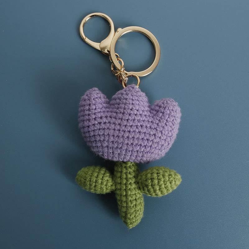 Crochet Tulip Keychain Handwoven Flower Key Ring Girl Backpack Pendant Creative Kintted Flower Gift