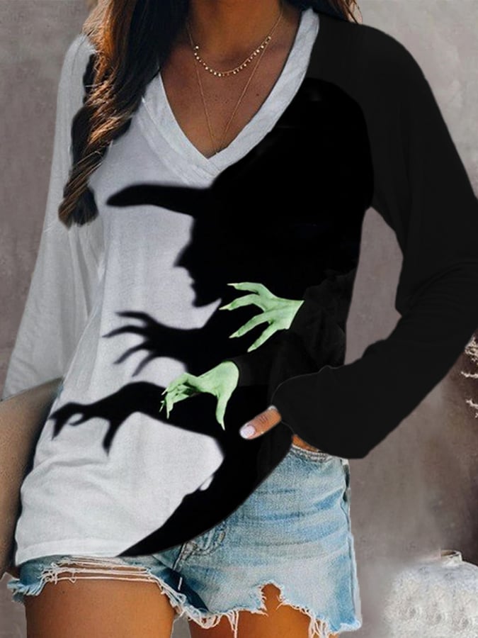 Halloween Bloody Print 3D Graphic Long Sleeve T-Shirt Casual V-Neck Top Polyester Breathable Women's Fashion Apparel
