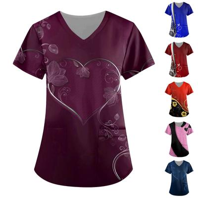 Женская мода, рабочая одежда с v-образным вырезом, короткими рукавами и карманами, топы с принтом, летние топы для женщин