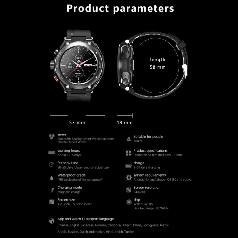 Rainbuvvy T92 Earbud Smartwatch 1.28inch IPS Full Touch 128MB RAM 470mAh BT5.0 TWS IP67 Водонепроницаемый Запись Локальная Музыка Беспроводной Смарт Браслет