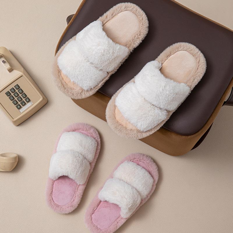 Parallel Bars Contrasting Cotton Slippers Breathable Dopamine Fluffy Slippers Home Ins Plush Slippers