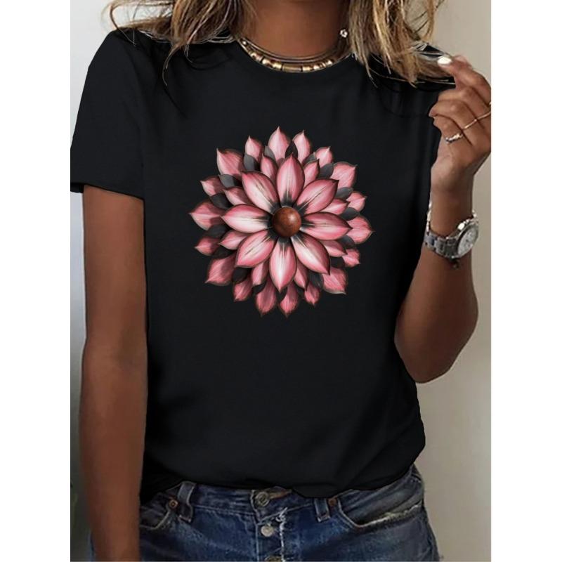 Женская черная футболка европейского размера с принтом розового георгина, топ с круглым вырезом и коротким рукавом для повседневной носки