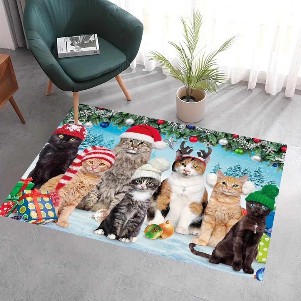 1 шт. 3D Рождественский коврик с котом, нескользящий, машинная стирка, ковер, напольный коврик, придверный коврик для гостиной, кухни, ванной комнаты, праздничный домашний декор