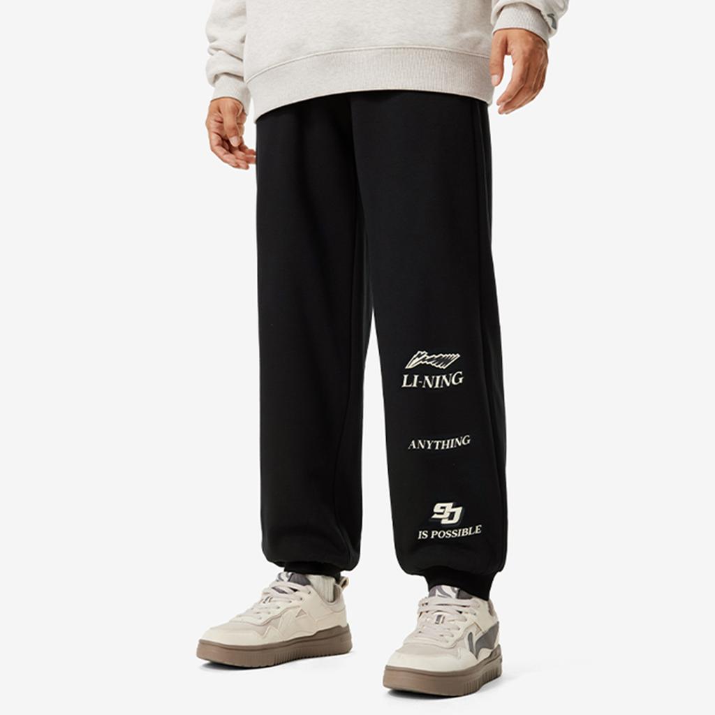 Li Ning Sports Lifestyle Series повседневные флисовые теплые свободные спортивные длинные брюки мужские низы черного цвета AKLU943-1