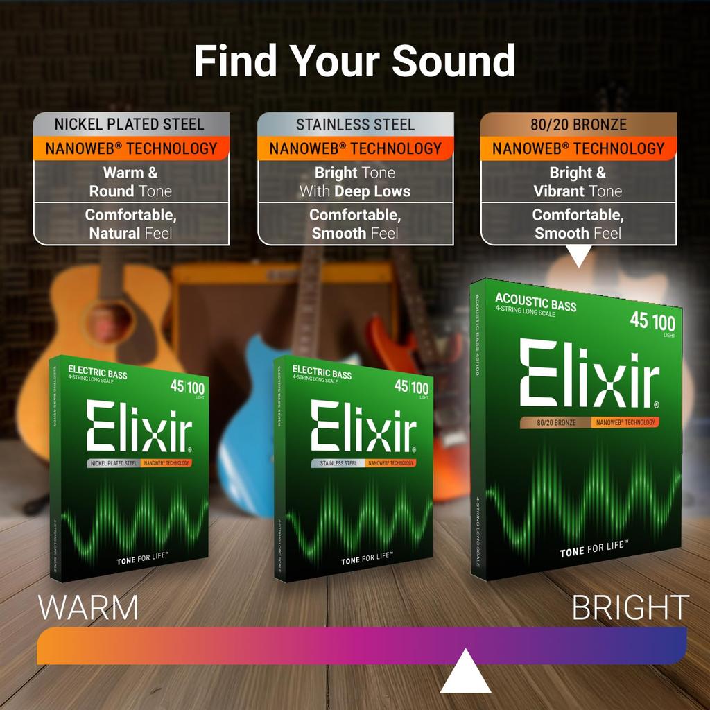 Струны для акустической бас-гитары Elixir NANOWEB Light, .045-.100, #14502 (Официальный японский продукт)