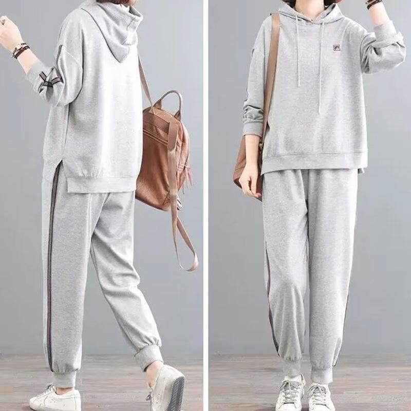 Женский костюм из 2 предметов, хлопковый свитшот, брюки, хлопковый свободный повседневный летний костюм из двух предметов, спортивный топ с капюшоном и брюки