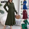 Autumn and Winter Casual Lapel Button Long-sleeved Waist-cinching Pleated Long Dress Women's Clothing