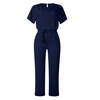 Women's Short Sleeve Jumpsuit Tie Waist Belted Straight Wide Leg Pant Romper Casual Crew Neck One-piece Overall