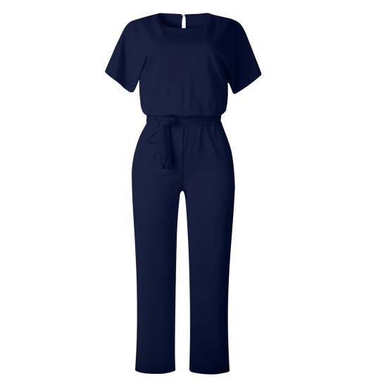Women's Short Sleeve Jumpsuit Tie Waist Belted Straight Wide Leg Pant Romper Casual Crew Neck One-piece Overall