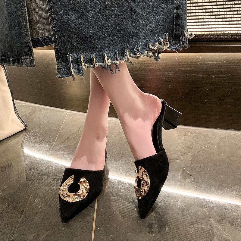 Модные туфли на среднем каблуке, сандалии с острым носком, элегантные туфли-лодочки с открытой пяткой, женская обувь, массивные, новые тенденции для вечеринок, Zapatillas Mujer