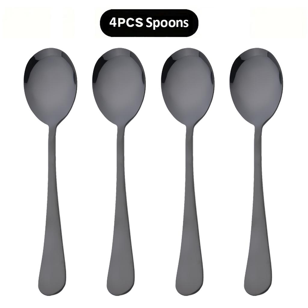 Набор столовых приборов из 4 предметов зеркального серебристого цвета: ложка для салата, десертная ложка, ложка для мороженого, столовая посуда из нержавеющей стали, кухонные столовые приборы