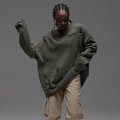 Повседневный свитер с дырками и круглым вырезом, женский осенне-зимний свободный трикотажный жакет с длинными рукавами