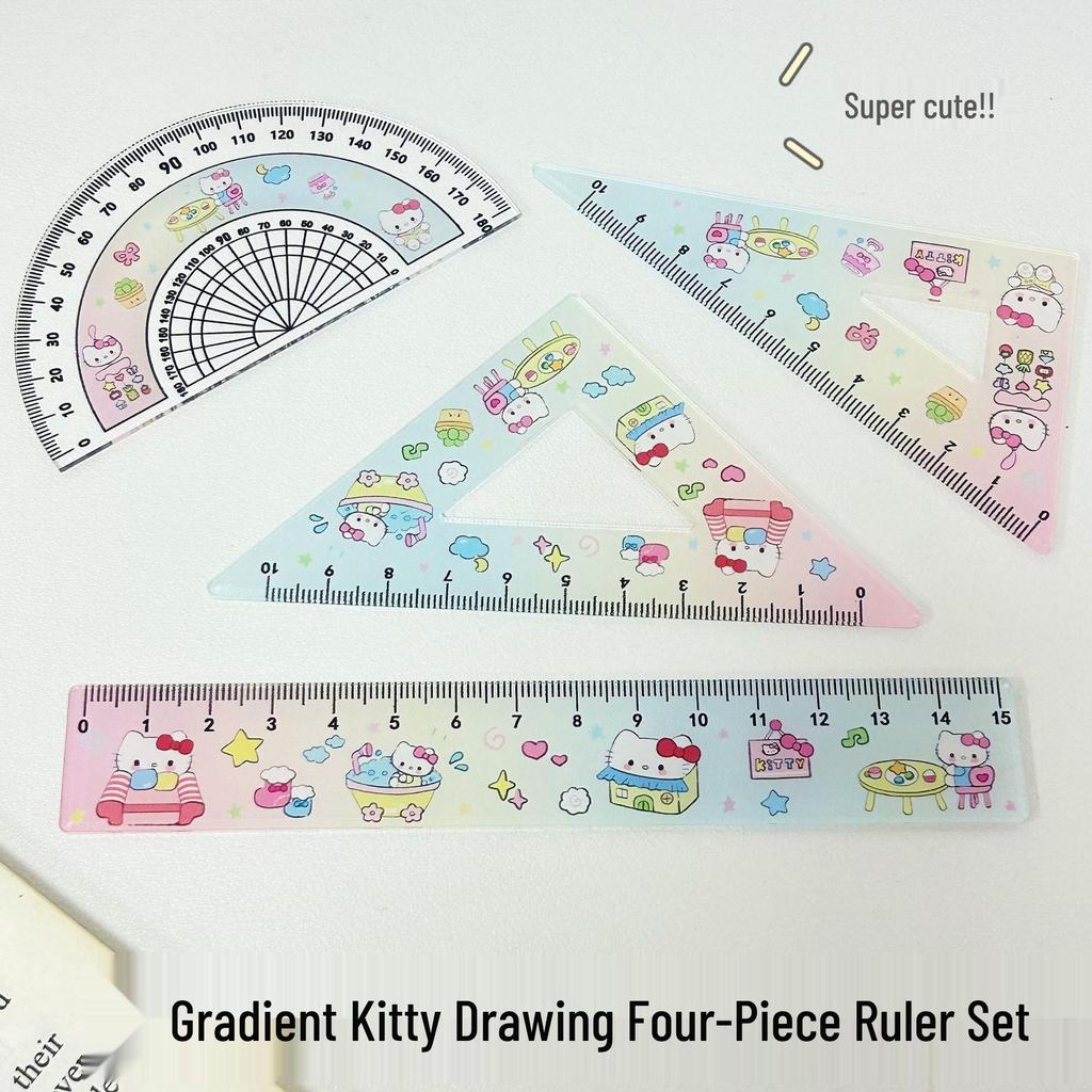 Cute Cat Acrylic Ruler Set - 4-Piece Cartoon Stationery for Students