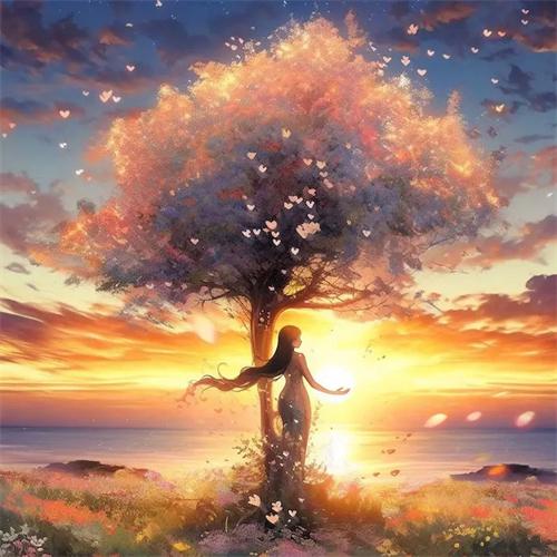 5D Diy Алмазная картина Дерево Девушка Вышивка Мозаика Закат Пейзаж Полный Квадрат Круглый Домашний Декор