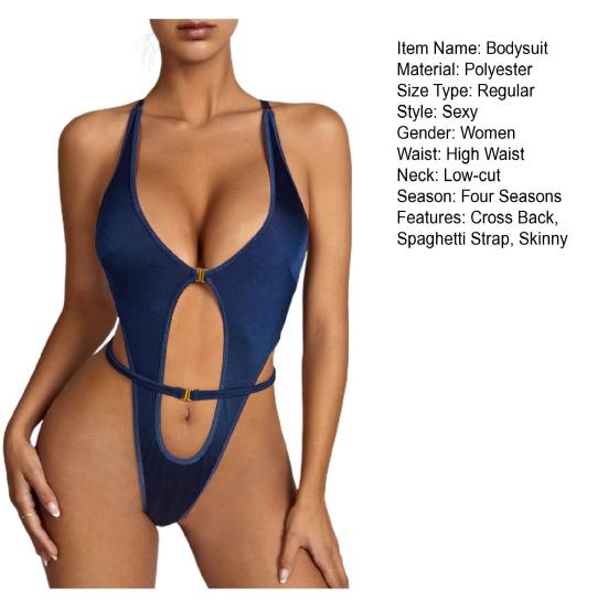 Women Sexy Bodysuit Low-cut Hollow Out Skinny Elastic Sleeveless Waist Strap Decor Adjustable Spaghetti Strap Cross Back Flirting Adult Sex Wear