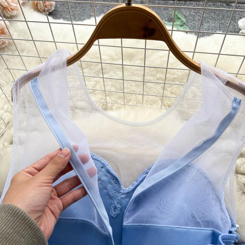 Elegant Rhine Stone Bow Mesh Party Dress Women Blue Chic Short Sleeve Fashion Split Dresses Lady High Waist Basic Trumpet Hip Wrap Dress 2024