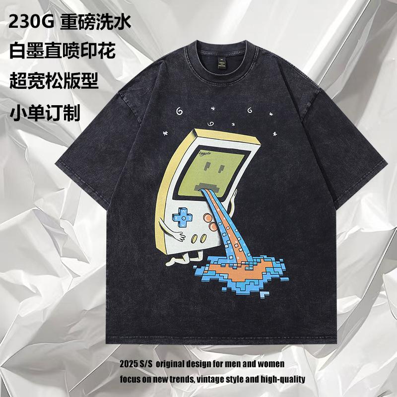Shirt Short Sleeve Loose Men'S Men'S Shirt Washed T Street Summer Printing Cartoon T Straight Cotton