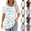 T Shirts For Women Pleated Round Neck Dressy Casual Blouses Printing Short Sleeve Summer Tops Loose Fit