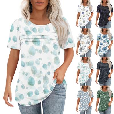 Футболки для женщин, плиссированные, с круглым вырезом, нарядные, повседневные, блузки с принтом, с коротким рукавом, летние топы, свободный крой