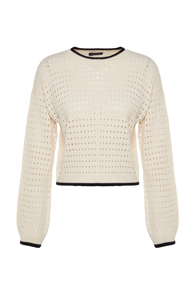 Женский модный новый свитер цвета экрю, ажурный трикотаж с отверстиями, свитер