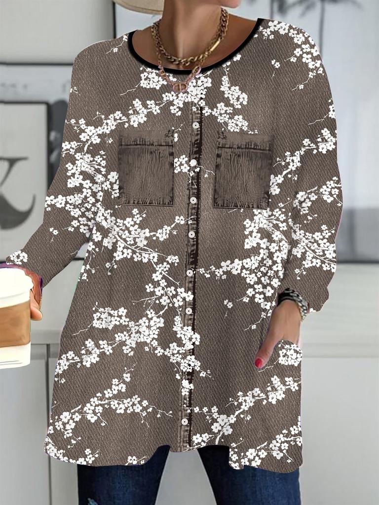 2025 Autumn Winter New Plus Size Women's Tops, Flower 3D Print Fashion Crew Neck Long Sleeve T-Shirts