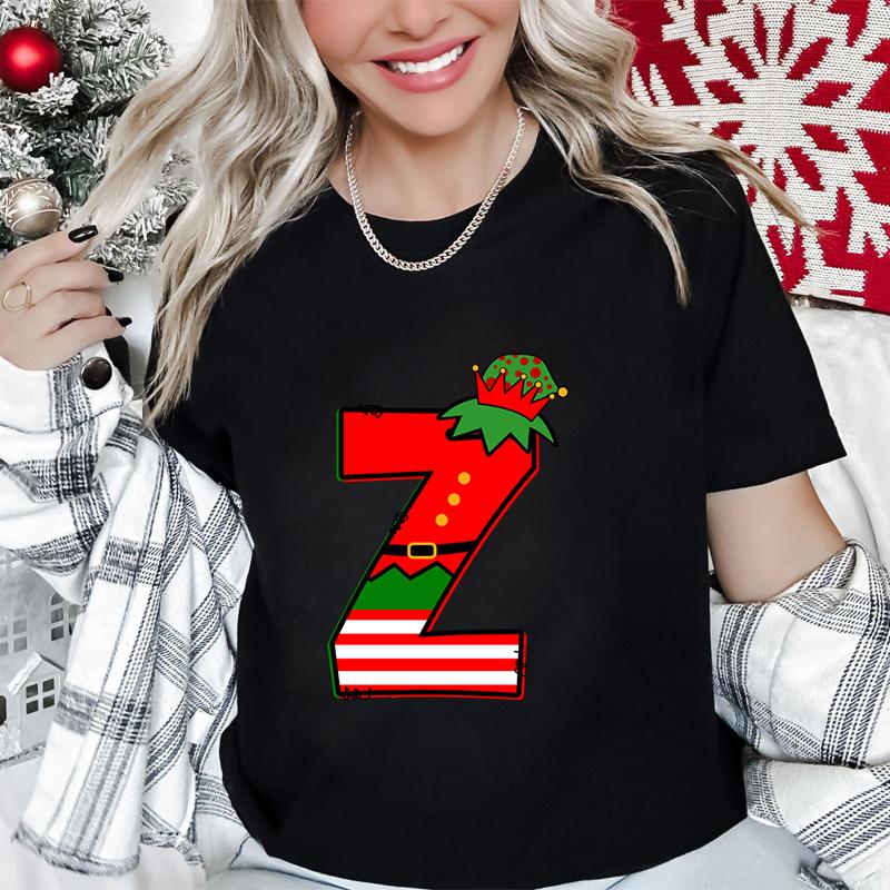 Womens Christmas Alphabet AZ Graphic Print Tshirt Holiday Casual Top with Santa Letters Perfect for Xmas Party Street Wear