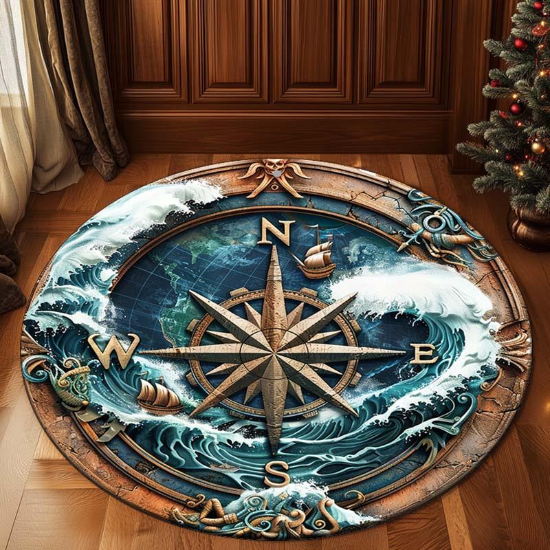 Compass Ocean Waves Round Rug Crystal Velvet Nautical Theme Map Design Floor Mat Vintage Sea Adventure Decor Home InteriorCarpet