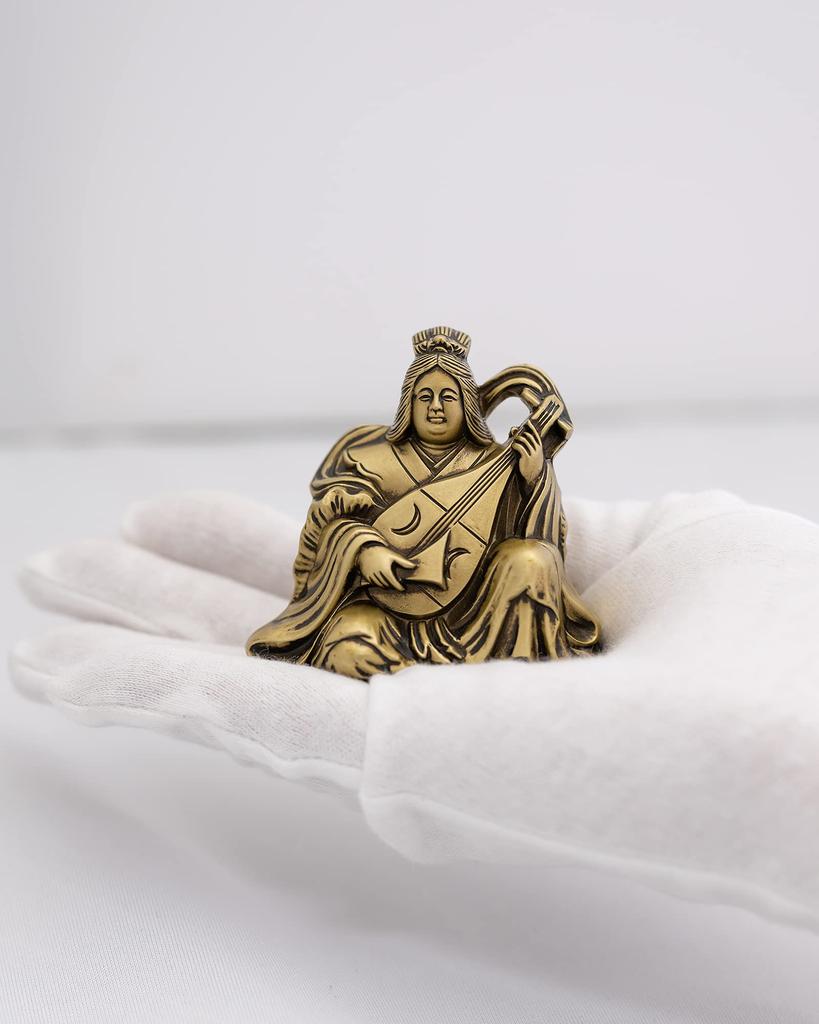 Benzaiten, One of the Seven Lucky Gods, Silky Gold. Sculptor: Makita Shuun. Antique Gold. Buddhist Statue. Takaoka Copperware (Benzaiten 7F).