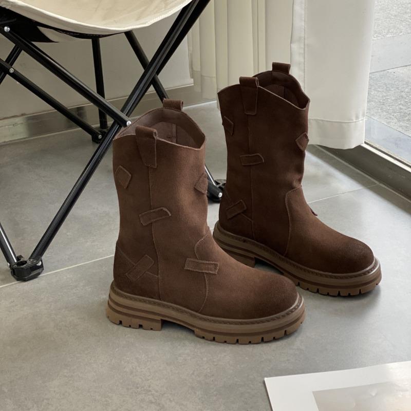 Модные однотонные женские сапоги, полусапожки, женские ботильоны с круглым носком и толстым каблуком, осенне-зимние женские туфли