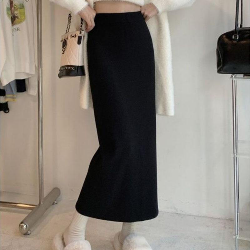 Autumn and Winter Sweater Skirt Elastic Waist Slim A-line Straight Sleeve Knitted Half Skirt Women Split High Waist Skirt Female