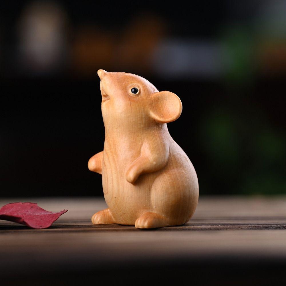 Cute Zodiac Mouse Statuette Wood Carved Animal Figurine Sculpture Home Decor Hamster Statue  Home