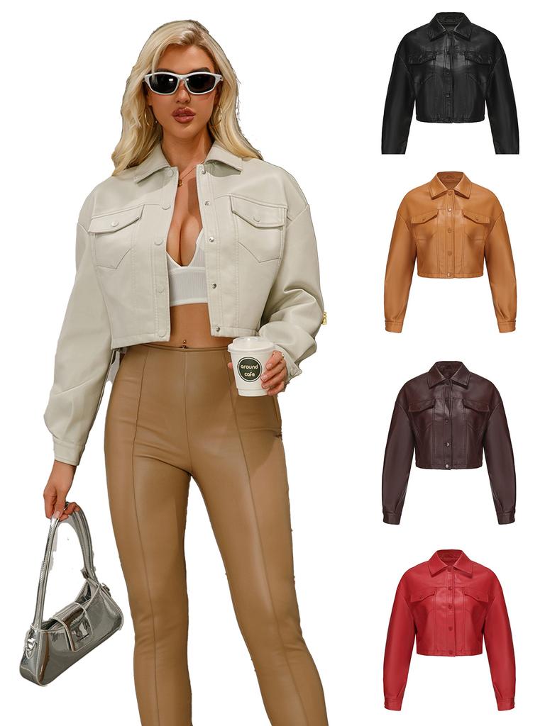 Spring and Autumn Models Loose Casual Leather Jacket Women Long-sleeved Single-breasted Ladies Lapel Fashion Short Jacket