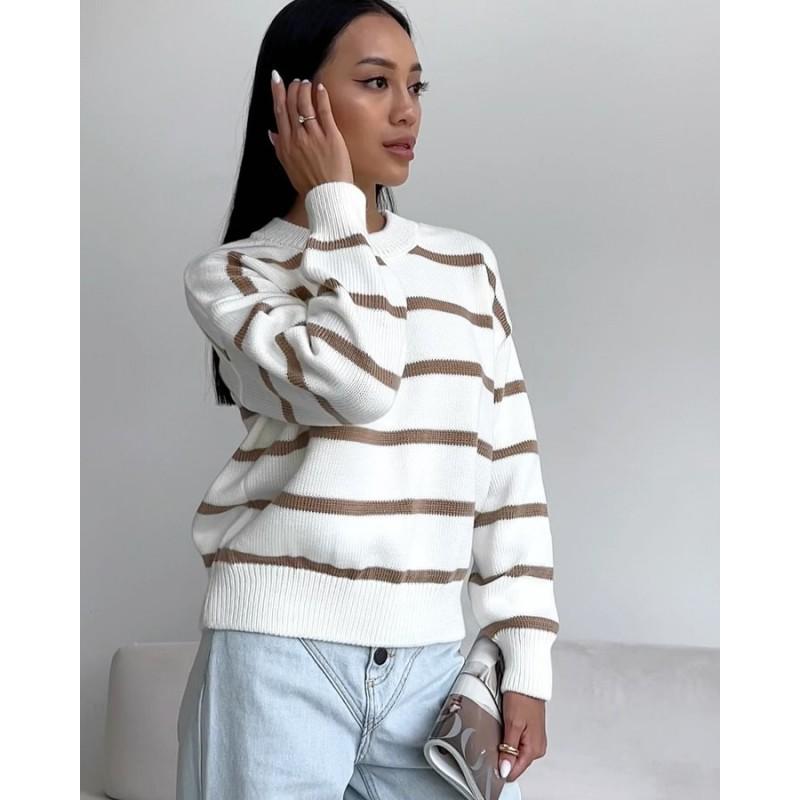 Womens Loose Fit Round Neck Long Sleeve Knit Sweater Striped Color Block Casual Pullover 2025