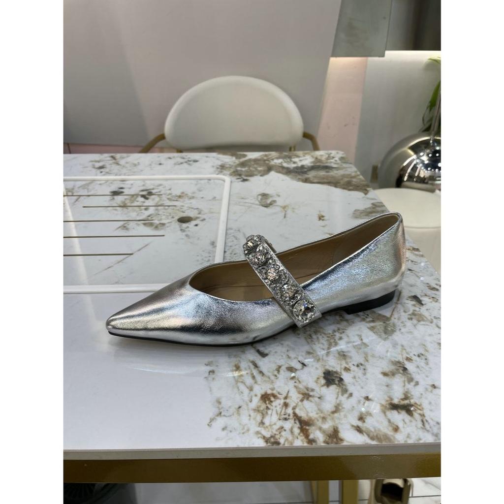 Модная женская обувь на плоской подошве 2025 Весна Осень Новая Мода Остроносая Плоская подошва Мелкий вырез Стразы Черный Серебристый Роскошная обувь Женская