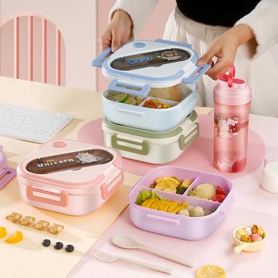 «Легкоочищаемый» герметичный ланч-бокс Bento с 3 отделениями, ложкой и вилкой — идеально подходит для школы, офиса, кемпинга и пикников