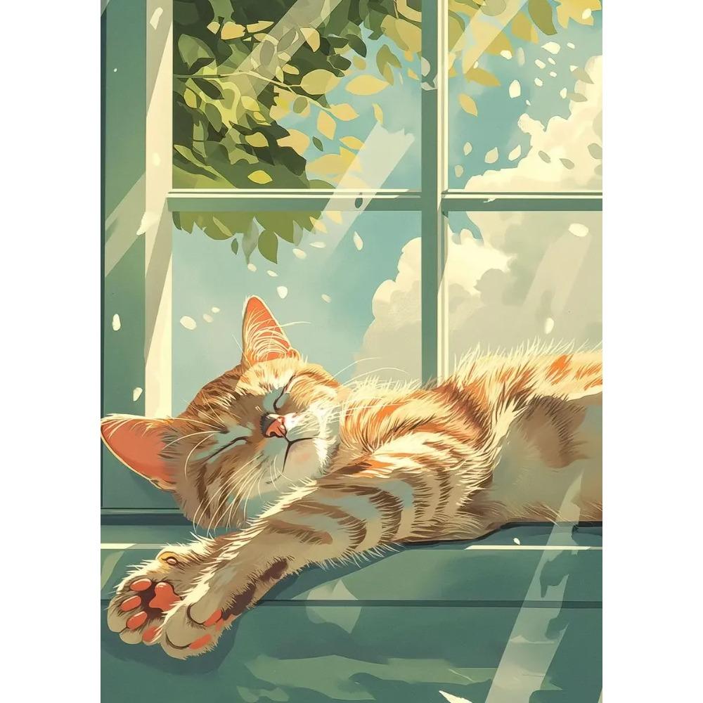 Lazy Cat Cartoon Poster and Print Canvas Painting Cat Sleeping on Windowsill Wall Art Picture for Living Room Home ation