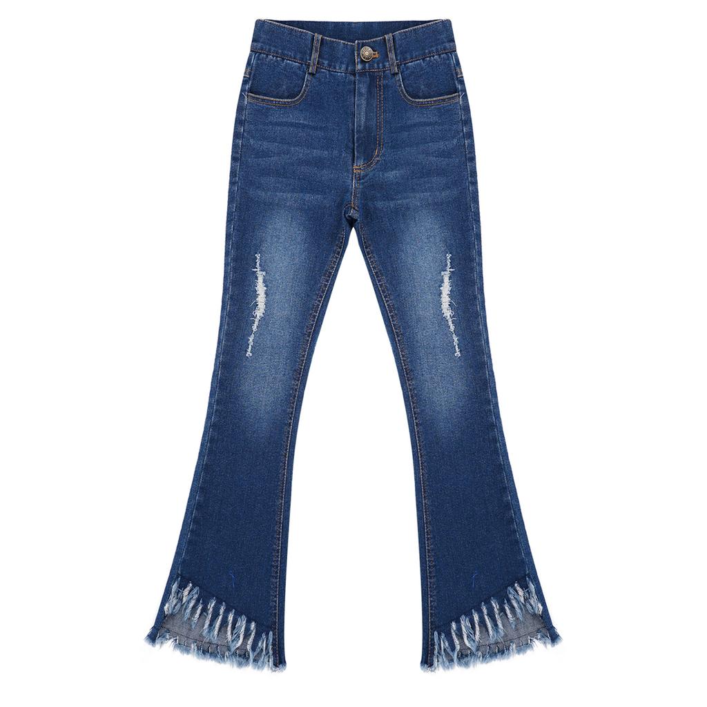 Джинсы для девочек, длинные джинсовые брюки с рваными краями, брюки для школьной повседневной одежды