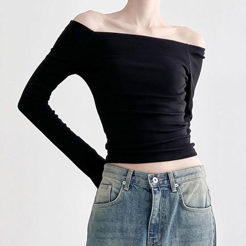 Instagram Style Basic Minimalist Solid Color One Line Collar Off Shoulder Bottom T-shirt, New Temperament, Age Reducing Slim Fit Top