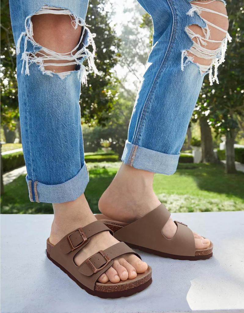 Fashion Comwarm Men's Cork Footbed Slides Sandals Arch Support Summer Outdoor Sandals with Adjustable Buckle Leisure Men Leather Slides