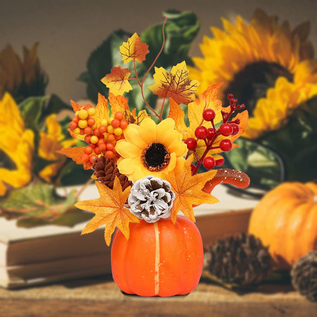 Fall Pumpkin Decor Ornament Maple Leaf Berry Sun Flower Set Thanksgiving Decoration For Indoor Outdoor Home Table
